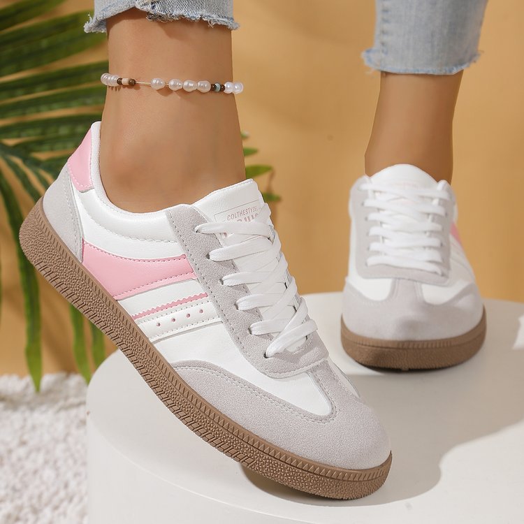 Women's Pink Lace-Up Sneakers - Casual Athletic Comfortable Footwear